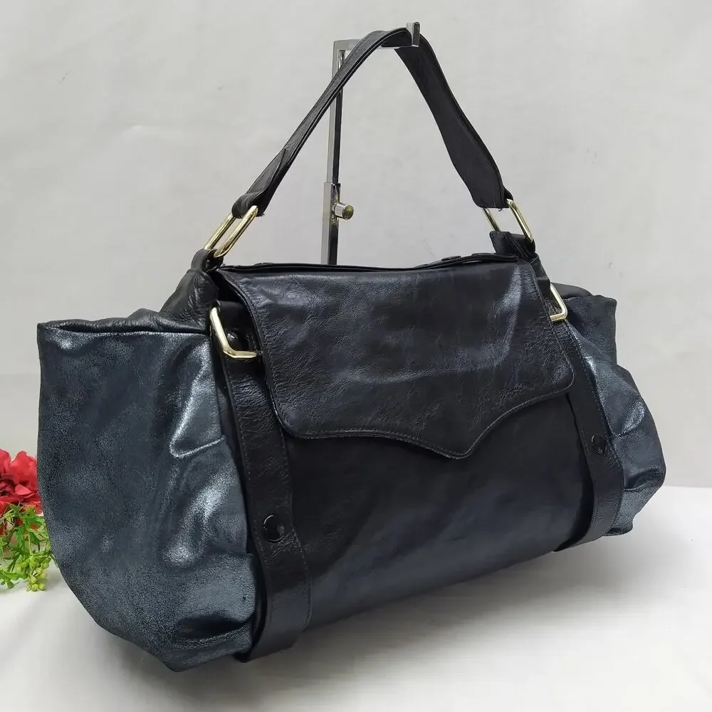 Rebecca Minkoff Colorblock Black Gray Leather Double Handle Zipper Satchel Bag